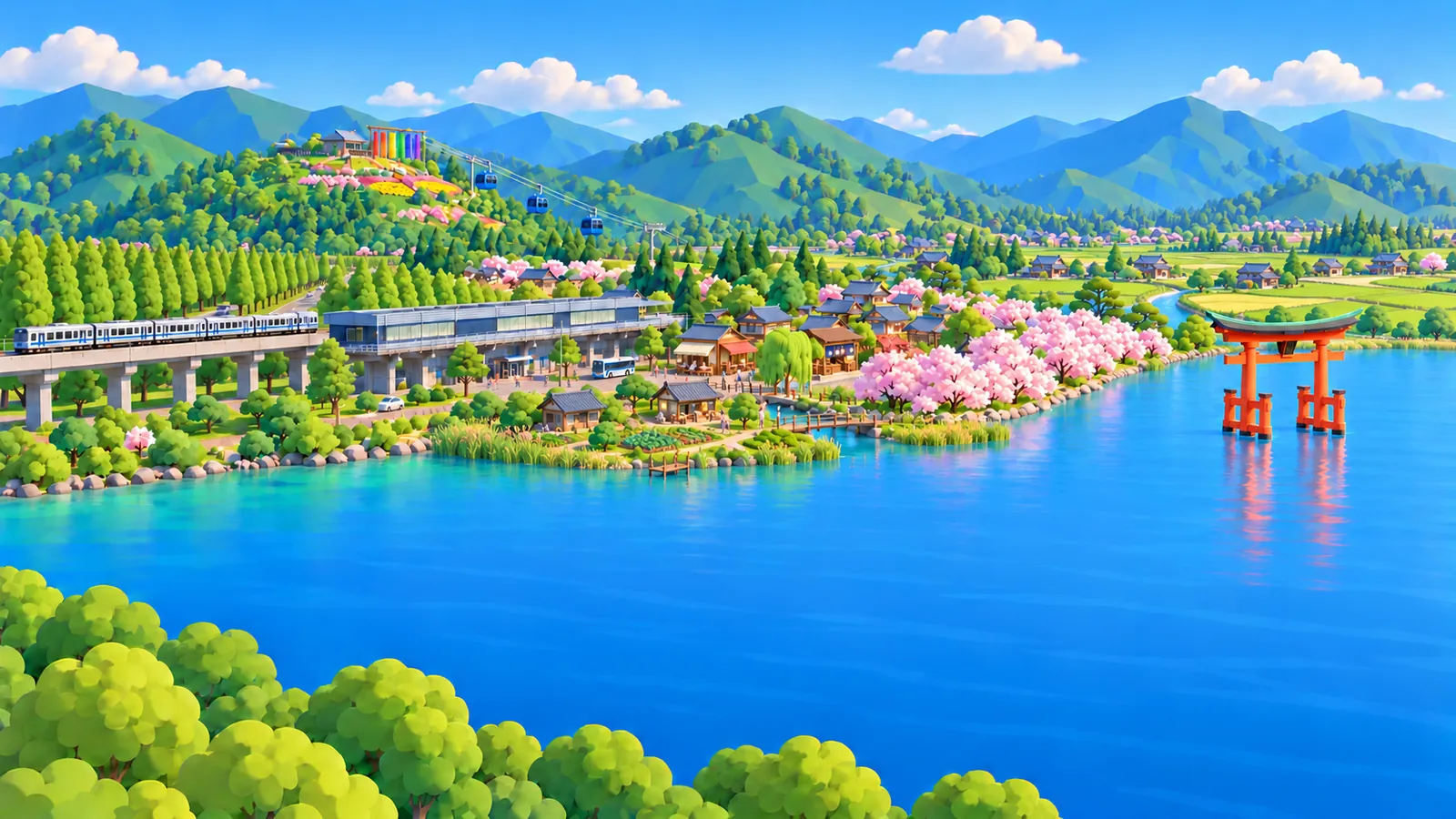 琵琶湖と高島の町を描いたイラスト